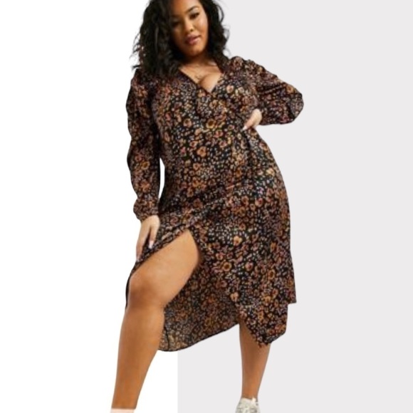 Vera Moda Dresses & Skirts - Vera Moda Curve Sandra Henna 7/8 Faux Midi Wrap Dress Sleeve Floral Print NWT
